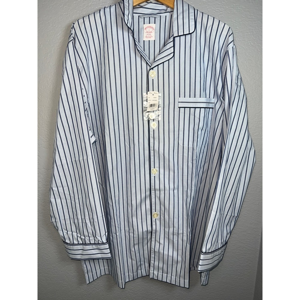 Brooks Brothers Pajama Top Mens Large Blue White Stripe Cotton Sleep Shirt NEW